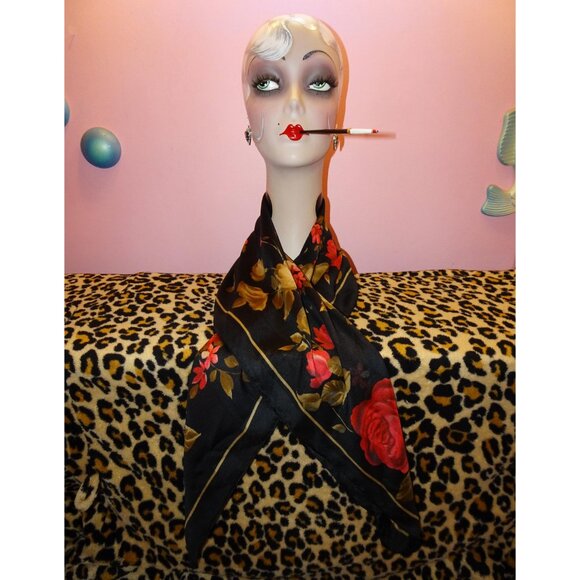 Vintage Kathie Lee Collection Extra Large Floral Scarf black roses head wrap bow - Picture 3 of 16